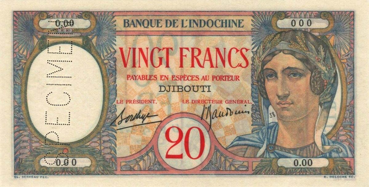 Front of French Somaliland p7As: 20 Francs from 1926