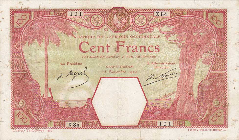 Front of French West Africa p11Dd: 100 Francs from 1924