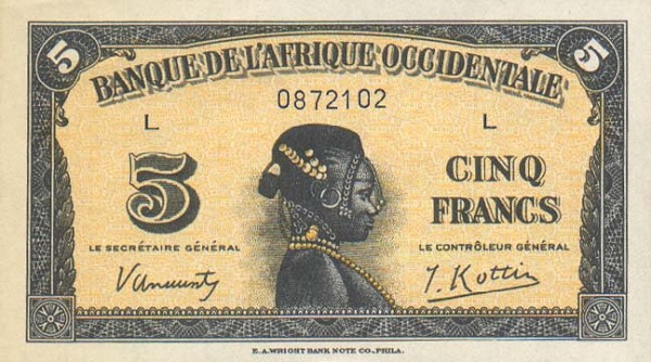 Front of French West Africa p28a: 5 Francs from 1942