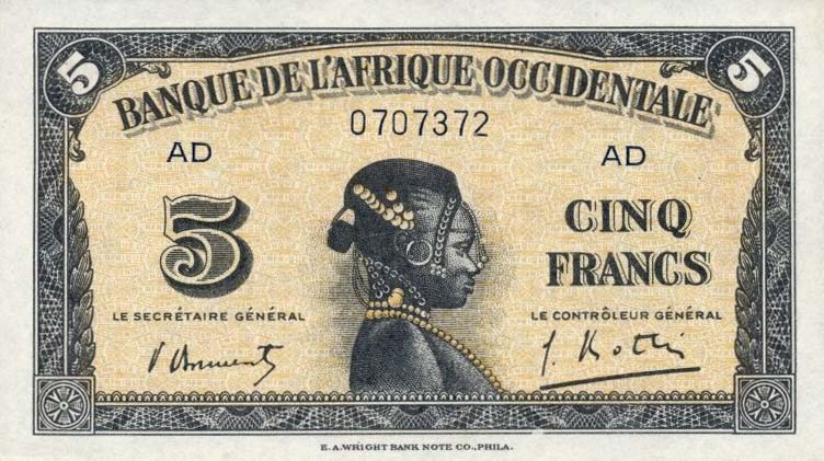 Front of French West Africa p28b: 5 Francs from 1942