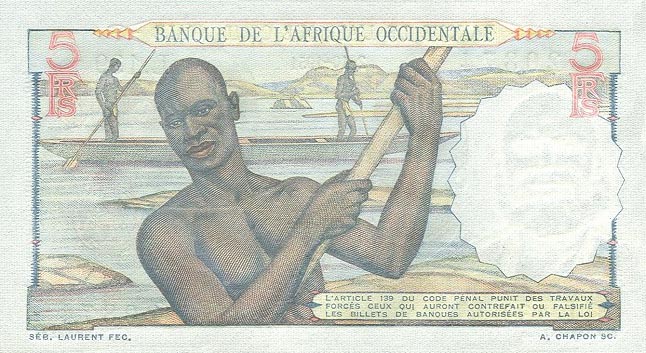 Back of French West Africa p36a: 5 Francs from 1943