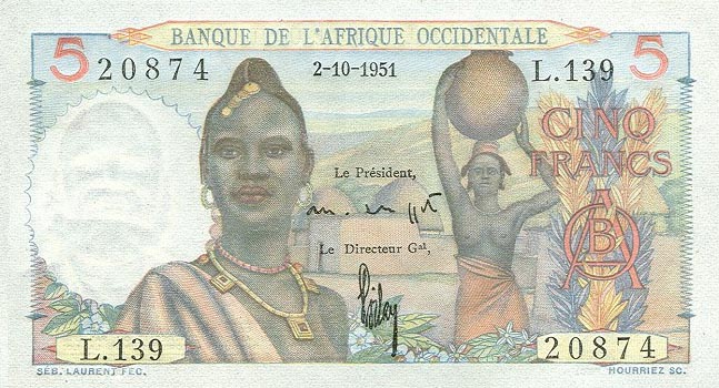 Front of French West Africa p36a: 5 Francs from 1943