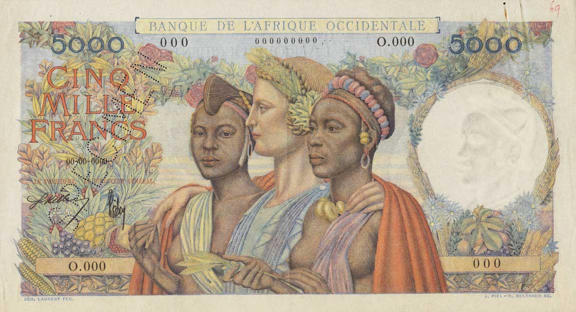 Front of French West Africa p43s: 5000 Francs from 1947