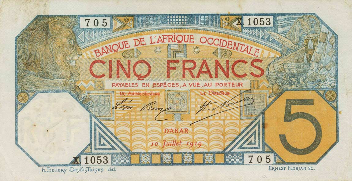 Front of French West Africa p5Ba: 5 Francs from 1916