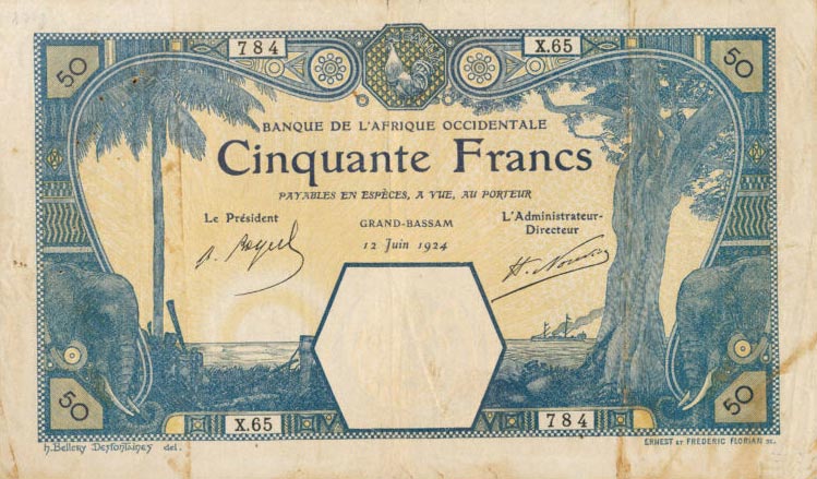 Front of French West Africa p9Db: 50 Francs from 1924