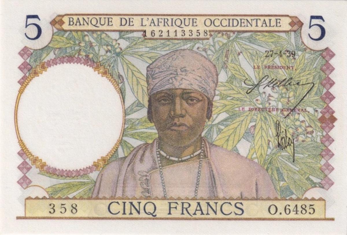 Front of French West Africa p21: 5 Francs from 1934