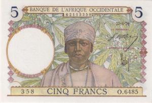 Gallery image for French West Africa p21: 5 Francs from 1934