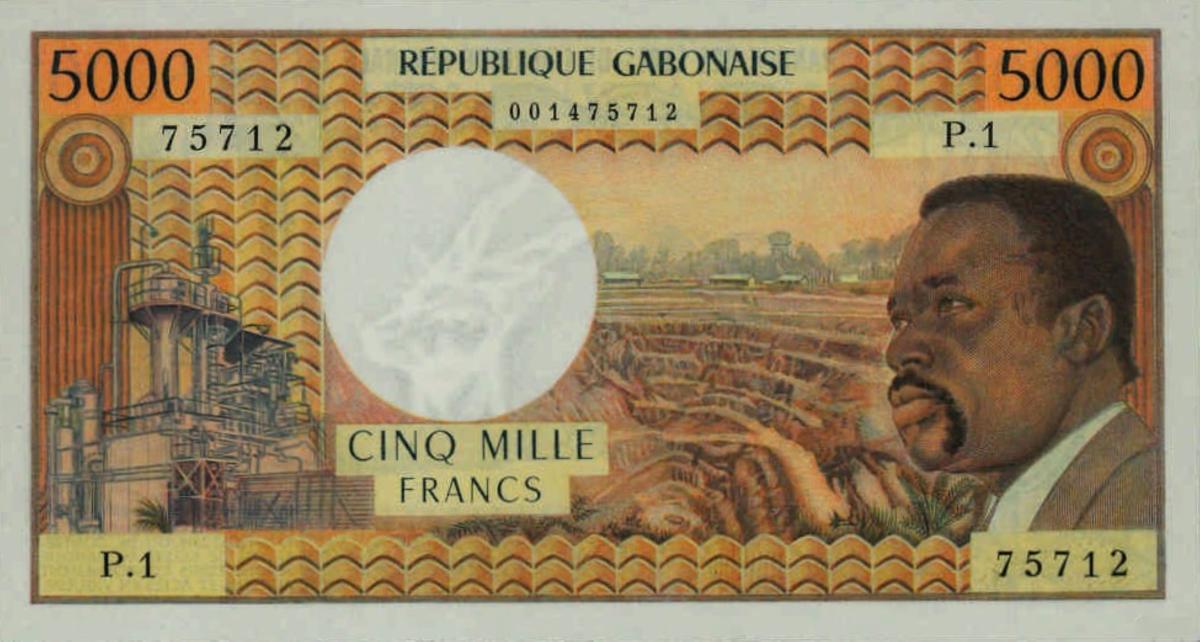 Front of Gabon p4x1: 5000 Francs from 1974