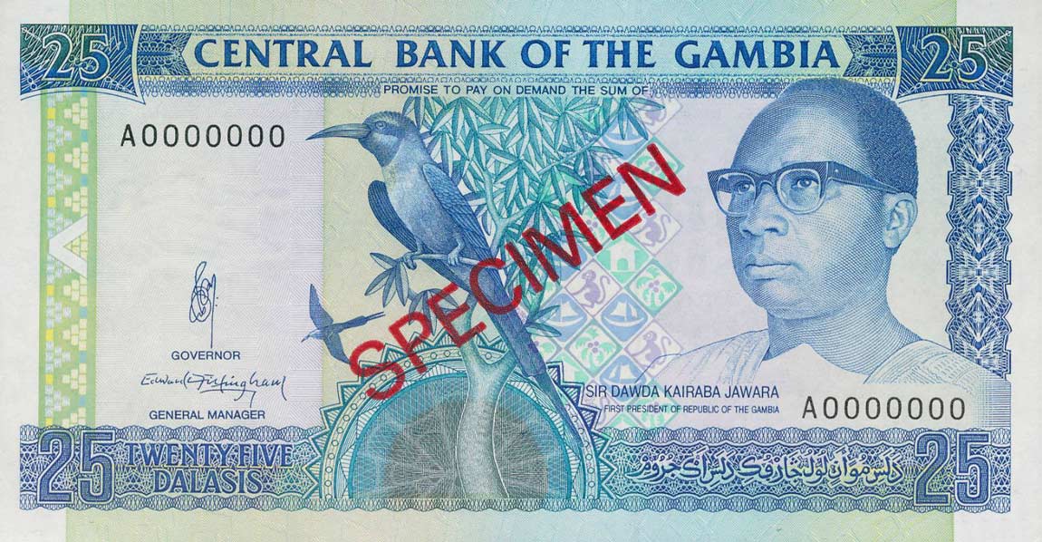 Front of Gambia p14s: 25 Dalasis from 1991