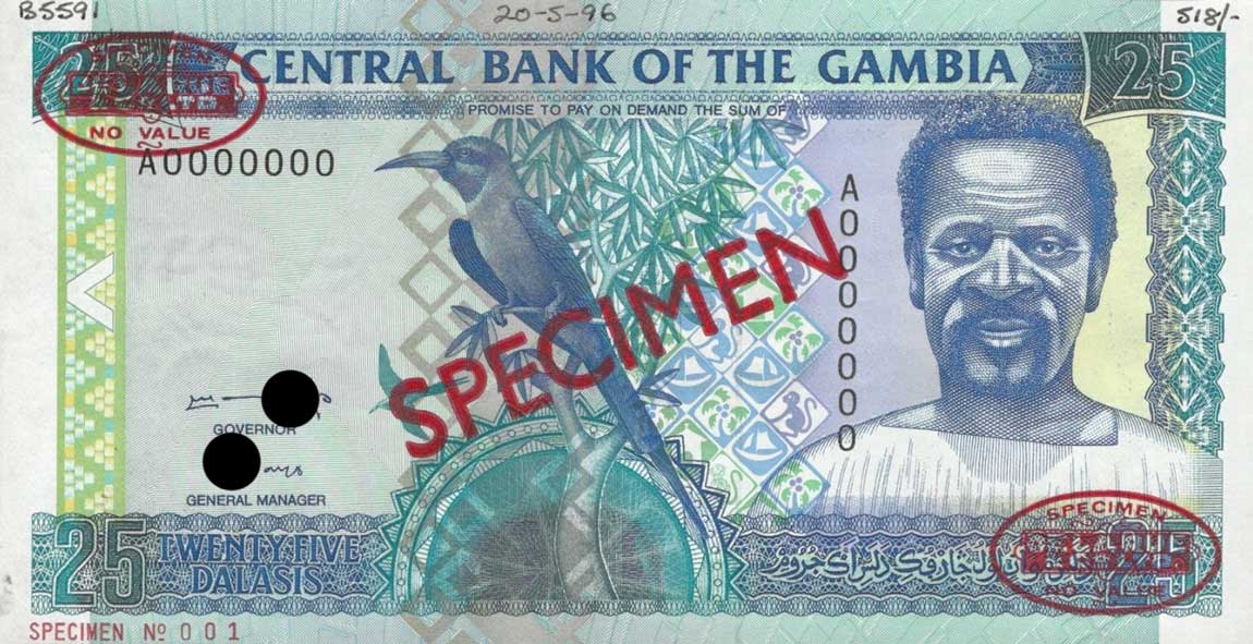 Front of Gambia p18s: 25 Dalasis from 1996