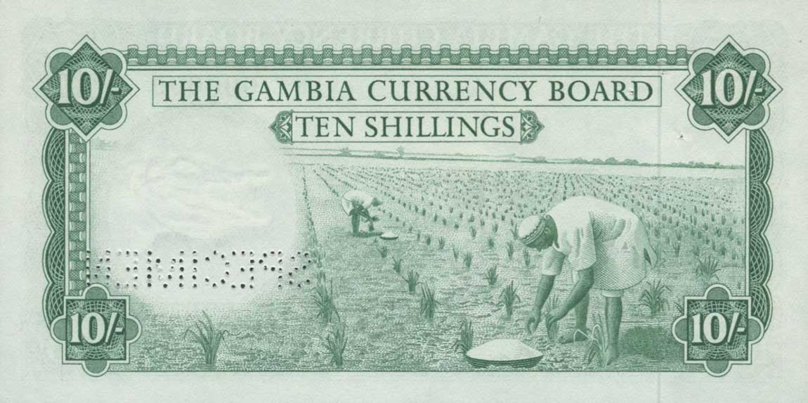 Back of Gambia p1s: 10 Shillings from 1965