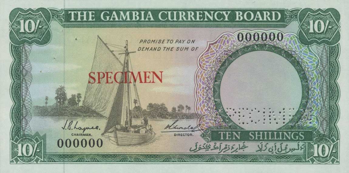 Front of Gambia p1s: 10 Shillings from 1965