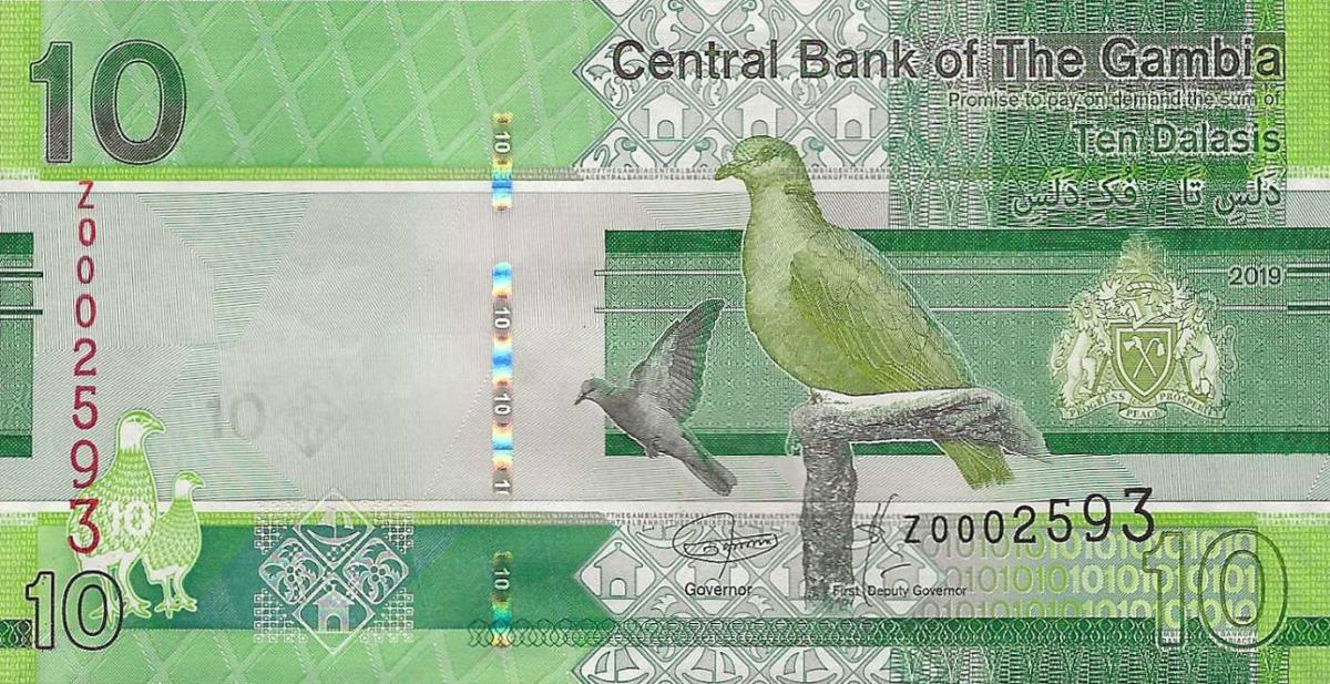 Front of Gambia p38r: 10 Dalasis from 2019