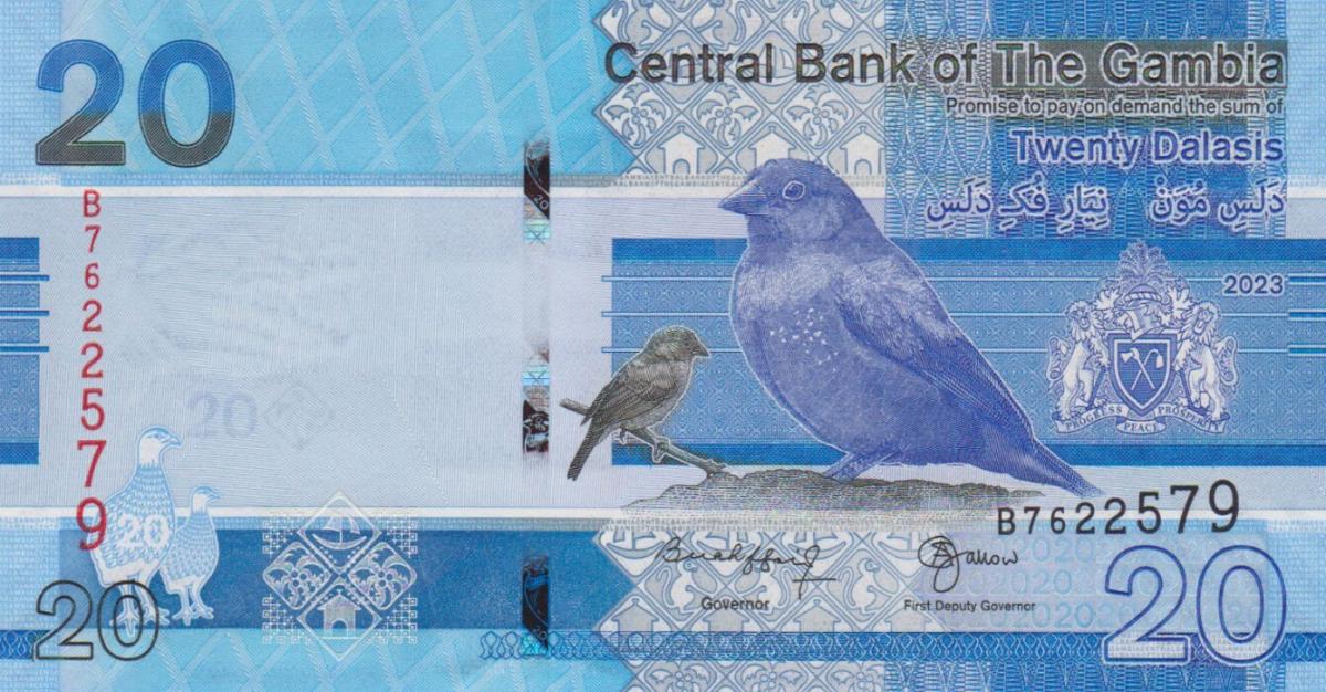 Front of Gambia p39c: 20 Dalasis from 2023
