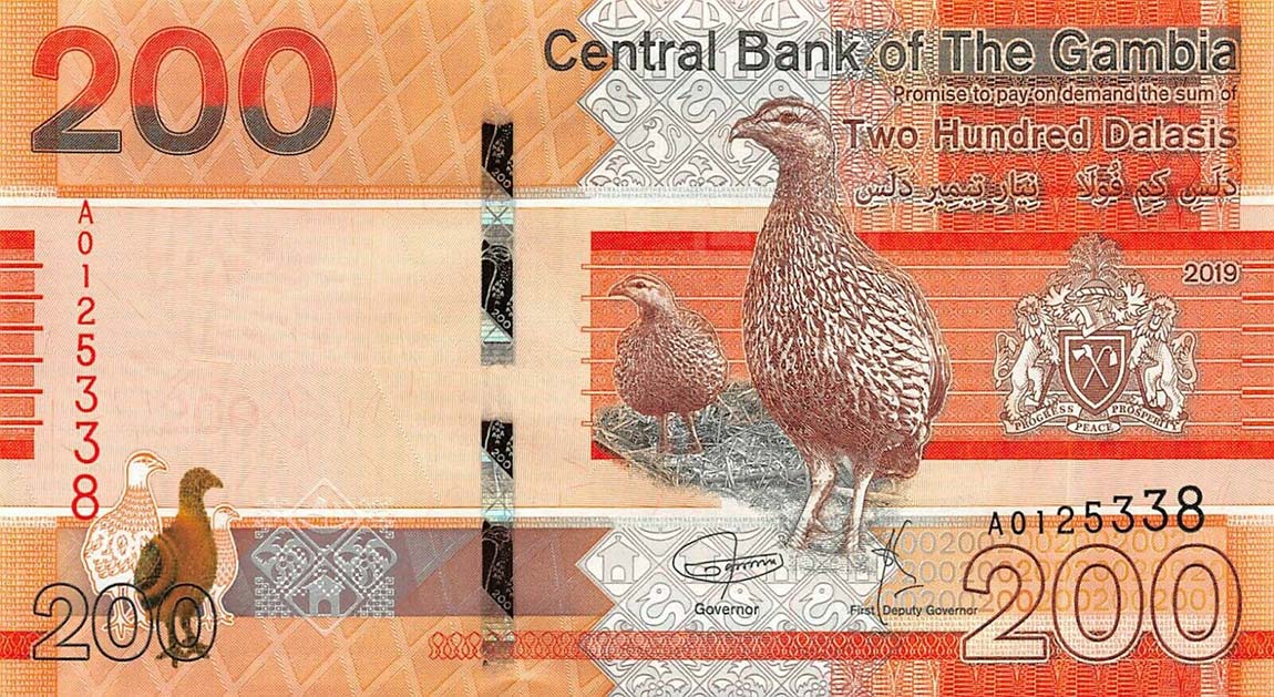 Front of Gambia p42a: 200 Dalasis from 2019