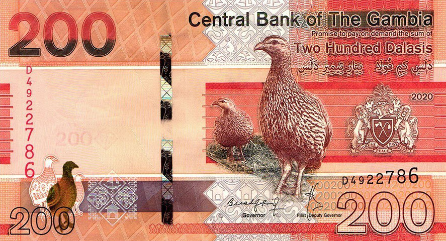 Front of Gambia p42b: 200 Dalasis from 2020