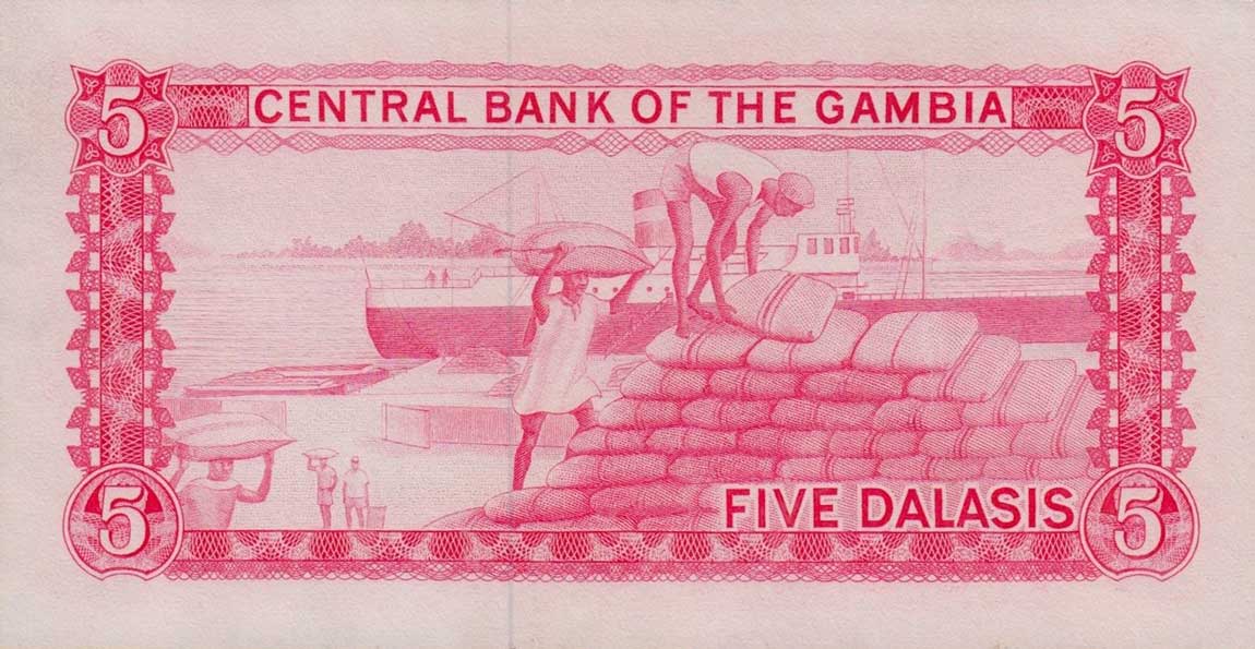 Back of Gambia p5c: 5 Dalasis from 1972