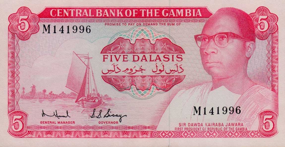 Front of Gambia p5c: 5 Dalasis from 1972