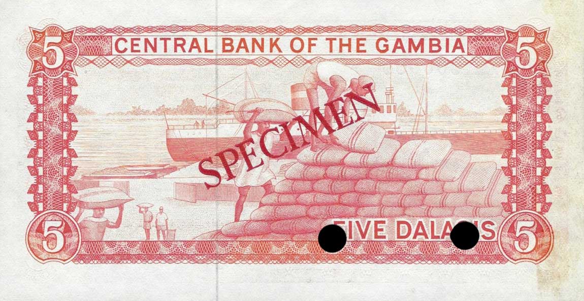 Back of Gambia p9s: 5 Dalasis from 1987