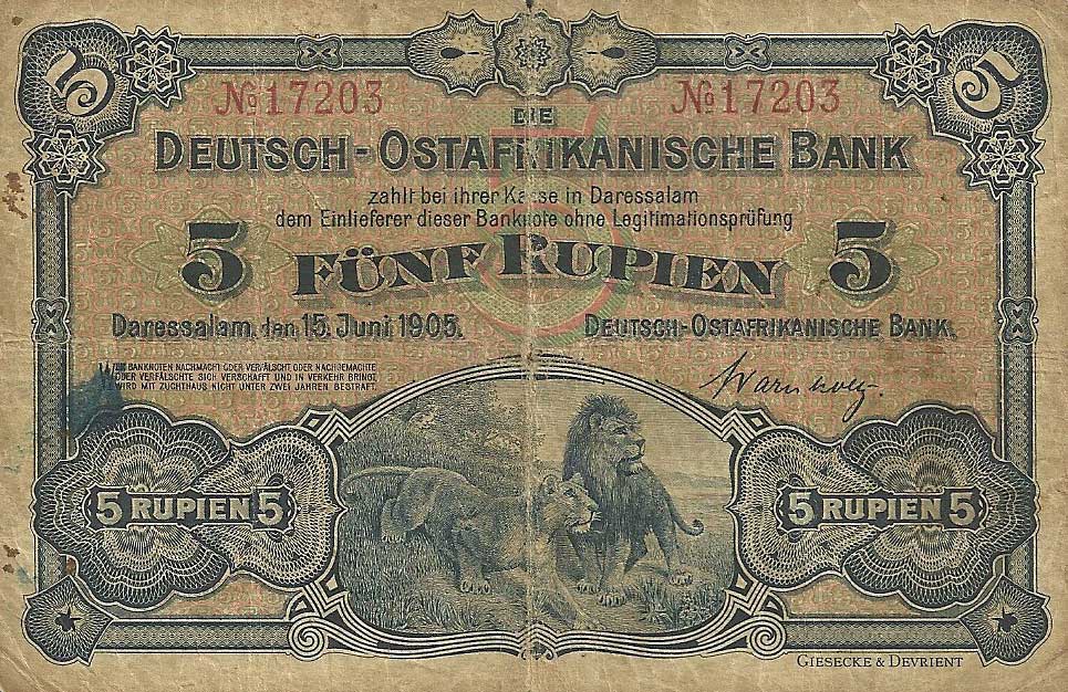 Front of German East Africa p1: 5 Rupien from 1905