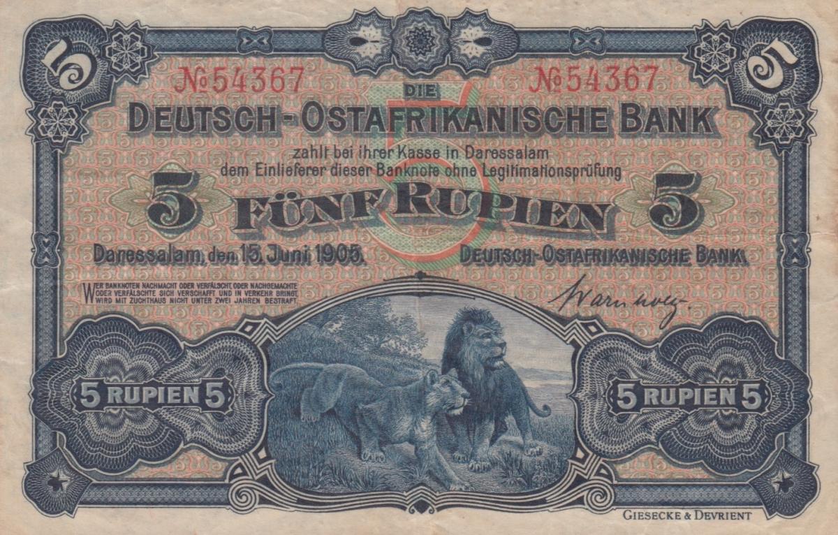 Front of German East Africa p1: 5 Rupien from 1905