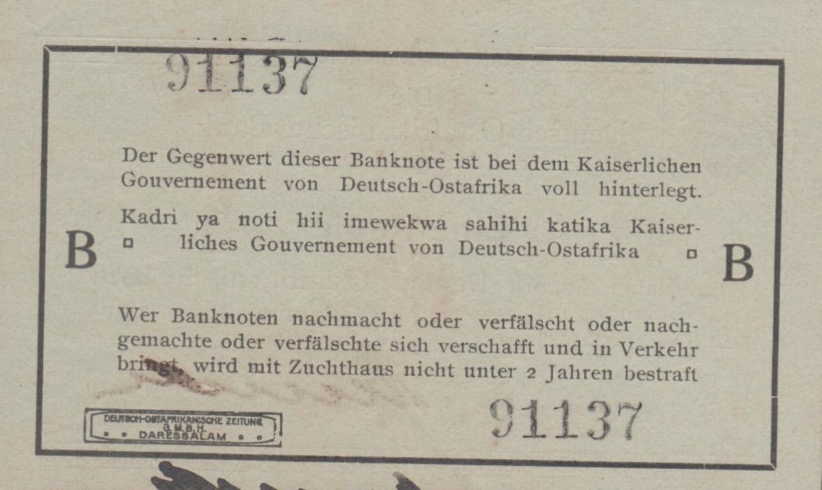 Back of German East Africa p9a: 1 Rupie from 1915